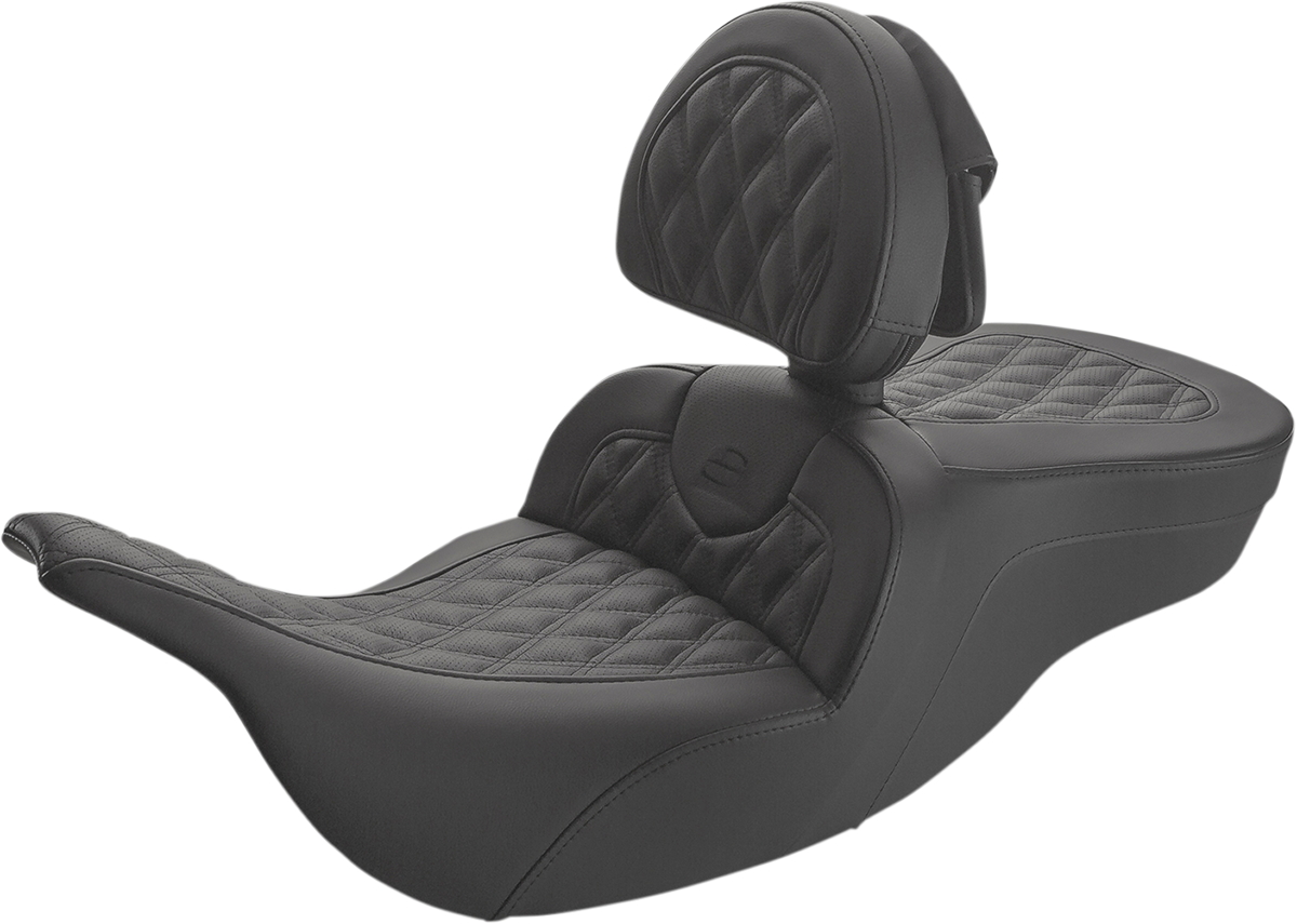 Black Saddlemens Roadsofa Lattice Stitched Motorcycle Seat with driver backrest, designed for comfort and style.