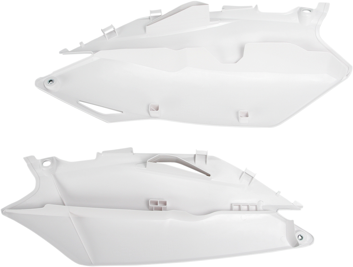White Acerbis side panels for motorcycle body, designed for easy installation and a sleek look.