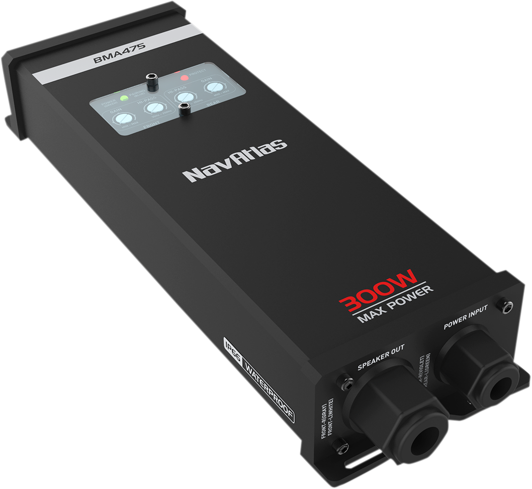 Bill's Exhausts NAVATLAS 75-Watt engine amplifier BMA475, showcasing the compact black engine component with mounting brackets.