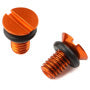Set of two ZETA air valve cap screws in anodized orange for Husqvarna front forks, designed for durability and style.