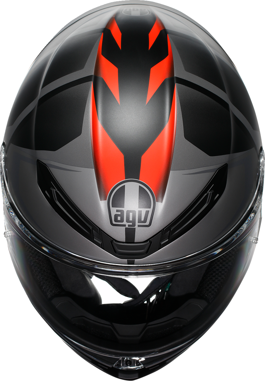 AGV K6 S racing helmet in matte black, gray, and red with aerodynamic design and lightweight construction, small size.