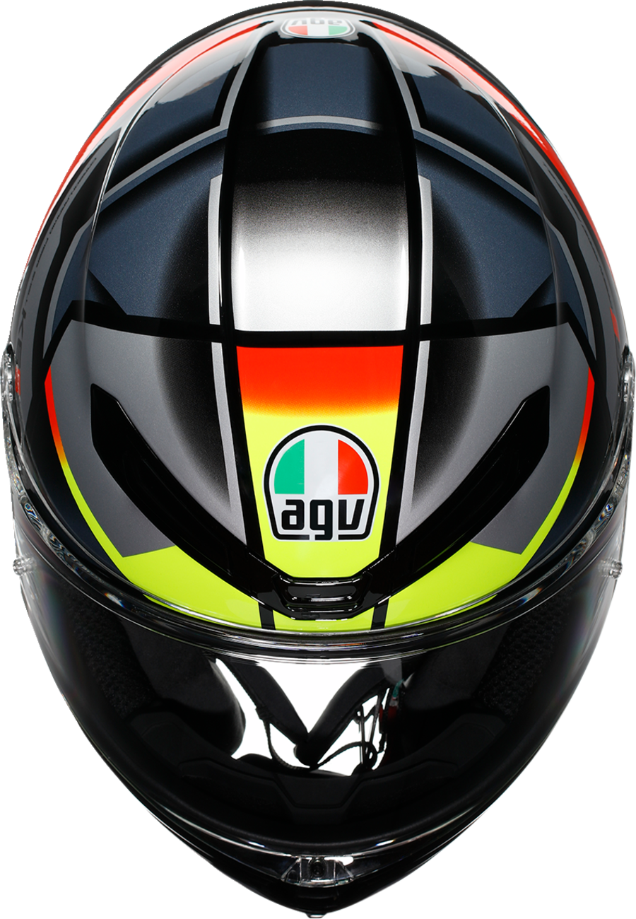 AGV K6 S Erazer motorcycle helmet in black, red, and yellow fluo with aerodynamic design and secure visor.