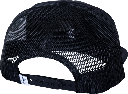 FMF black country hat featuring 5-panel trucker snapback design with embroidered patch and mesh back for breathability.