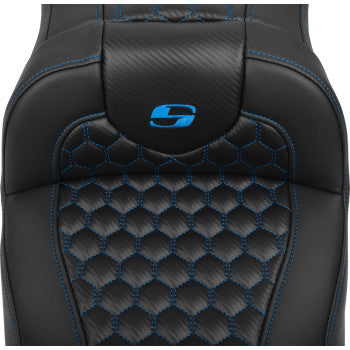 SADDLEMEN Roadsofa™ extended reach motorcycle seat with backrest in honeycomb blue stitch for FLTR/FLHX 2023-24 by Bill's Exhausts.