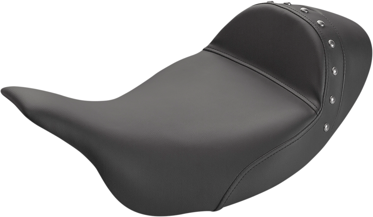 SADDLEMEN Renegade Extended Solo Seat with studs for Harley FL models 2008-2023, featuring black leather upholstery and detailed stitching.
