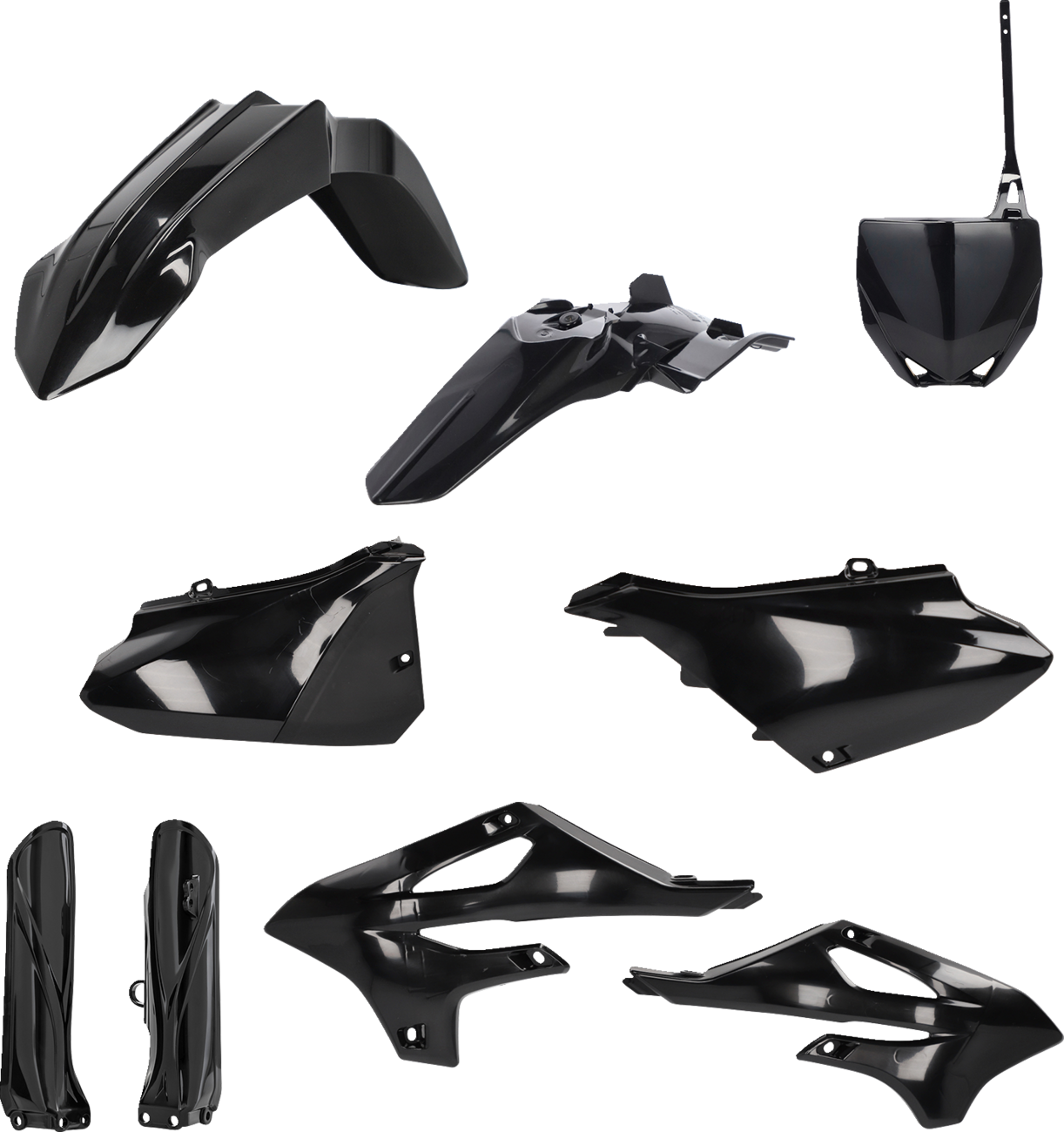 A black Acerbis full replacement body kit for motorcycles, featuring sleek panels and a durable finish.