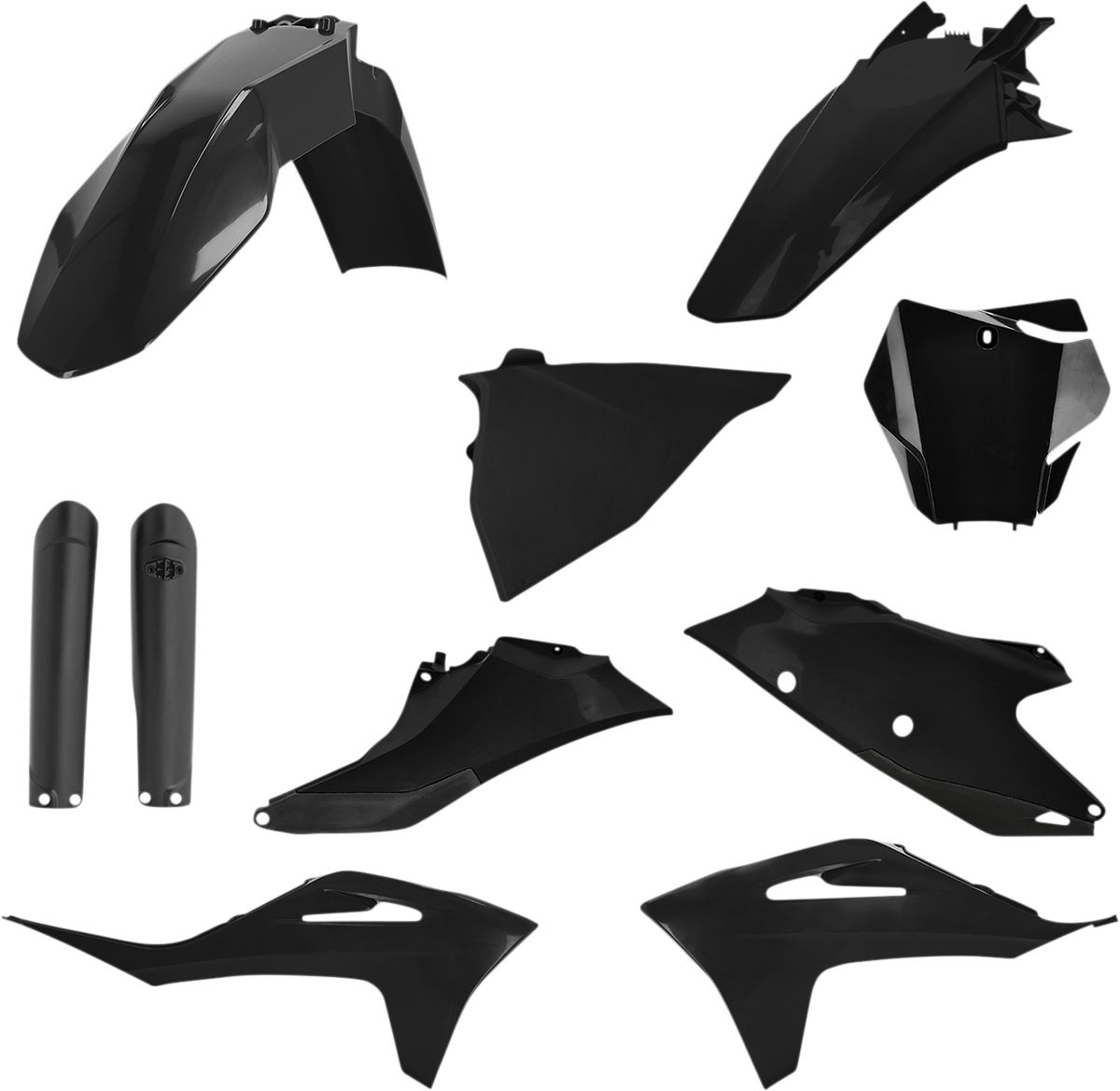 Acerbis black full replacement body kit for motorcycle, featuring sleek, durable body panels with brand logo details.