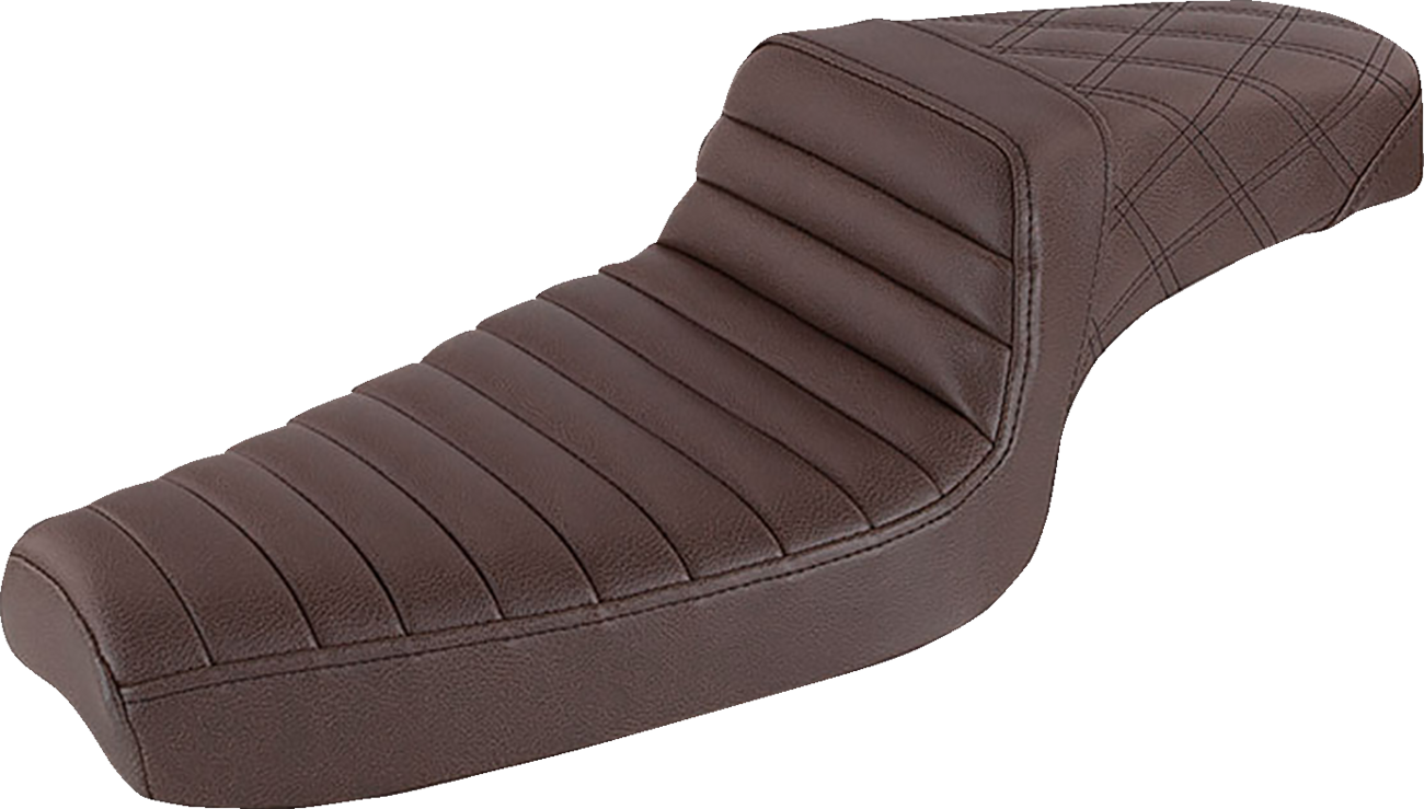 Brown SADDLEMEN Step-Up Seat with tuck-n-roll front, lattice stitch rear, designed for motorcycles, by Bill's Exhausts.