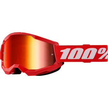 Bill's Exhausts 100% Strata 2 goggles with red frame and mirror red lenses, designed for motocross or off-road riding.
