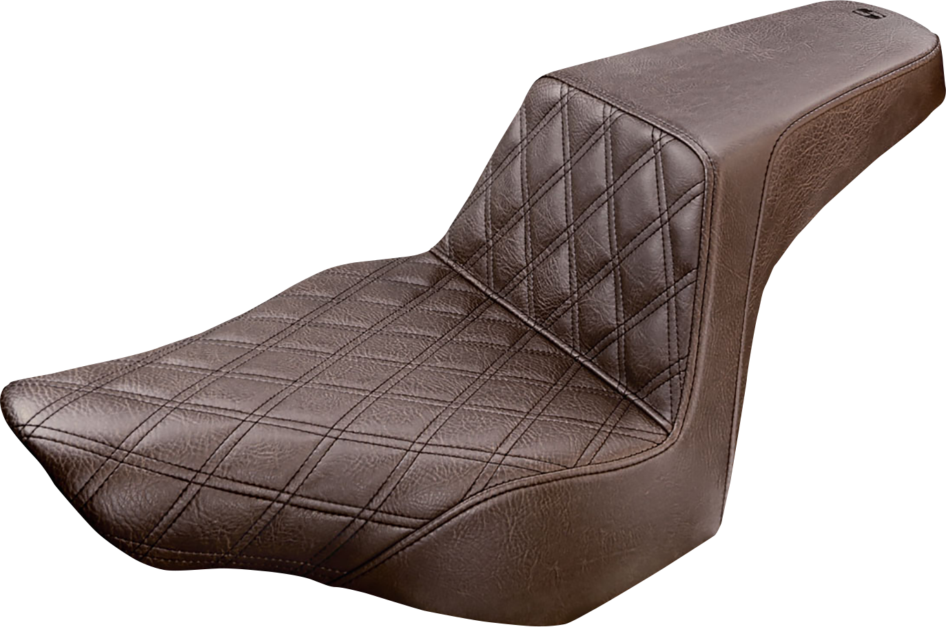 Brown SADDLEMEN Step-Up Seat with front lattice stitch for FXSB motorcycles, featuring detailed stitching and comfortable design.
