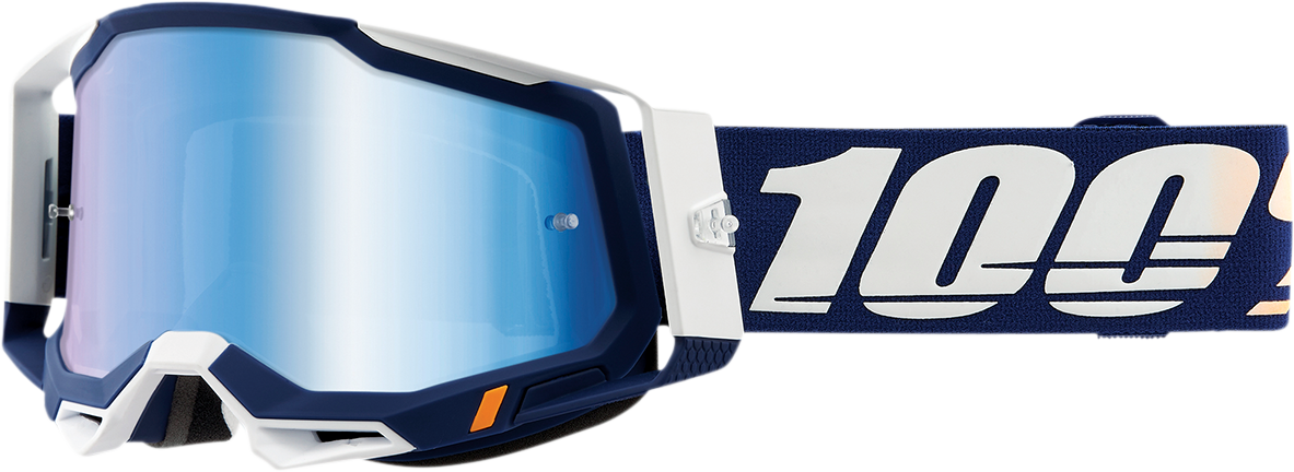 Bill's Exhausts 100% Racecraft 2 goggles with blue mirror lenses, aerodynamic design, and adjustable strap for motocross riding.