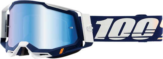 Bill's Exhausts 100% Racecraft 2 goggles with blue mirror lenses, aerodynamic design, and adjustable strap for motocross riding.