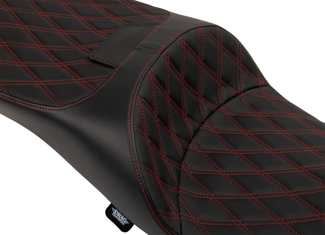 Drag Specialties extended reach Freedom seat with vinyl cover, red stitching, double diamond pattern for Harley FLT/FLH 2009-2025