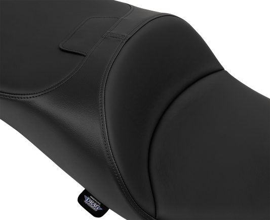 Extended reach Drag Specialties Freedom Seat for FLT/FLH motorcycles, featuring solar leather and smooth vinyl upholstery.