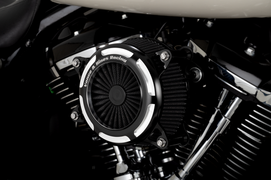Vance & Hines V02 Onyx air intake kit in black for motorcycle, featuring sleek contrast design and branded components.