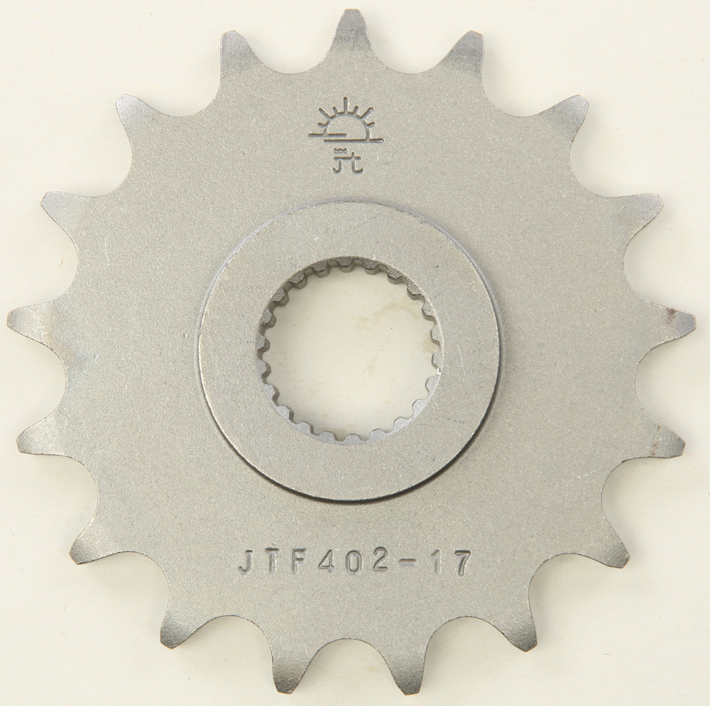 JT JTF402.17 steel front chain sprocket with 17 teeth for 520 chains, compatible with Aprilia, BMW, BRP, and Husqvarna bikes.