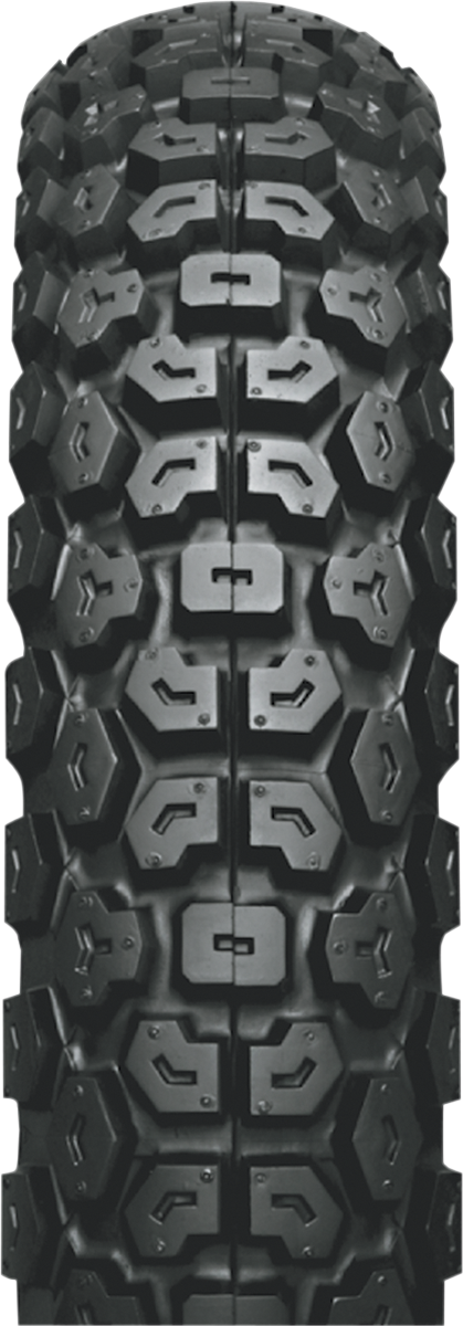 IRC GP-1 rear motorcycle tire 4.10-18 with tread pattern suitable for on and off-road riding.