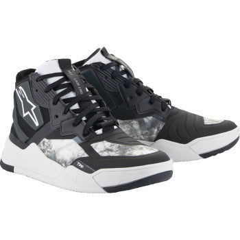Alpinestars Speedflight riding shoes in black, gray, and white, US 8.5, featuring sleek design and durable construction.