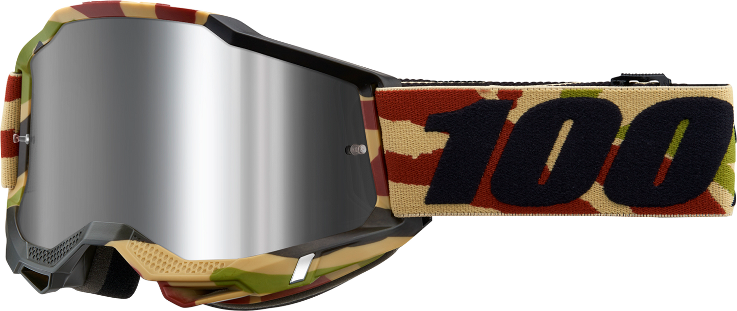Bill's Exhausts 100% Accuri 2 Goggles in silver flash mirror lens, featuring a sleek design and adjustable strap for motocross use.