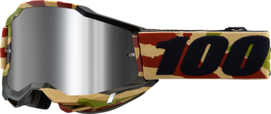 Bill's Exhausts 100% Accuri 2 Goggles in silver flash mirror lens, featuring a sleek design and adjustable strap for motocross use.