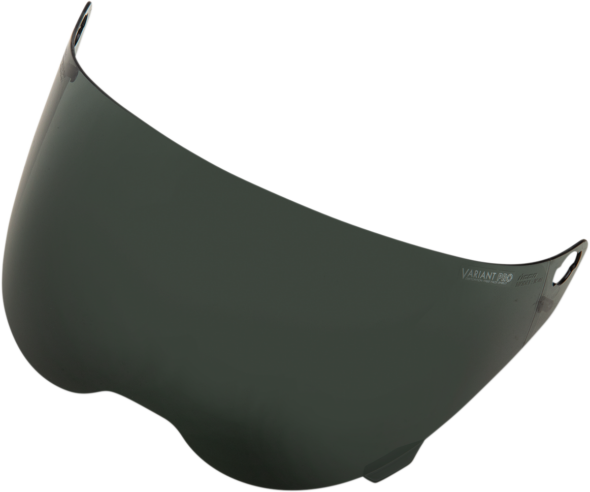 Dark smoke ICON Variant Pro™ optics shield for helmets, designed by Bill's Exhausts, with reflective dark tinted lens.