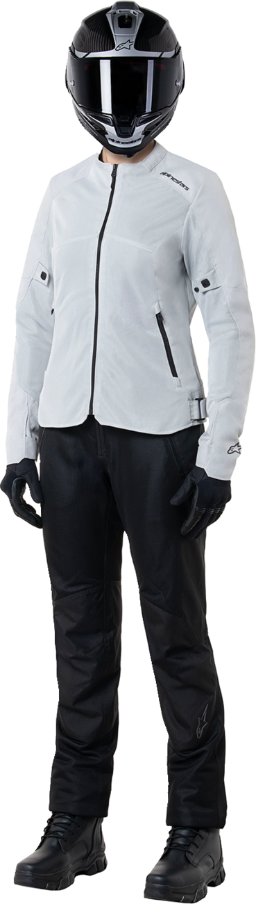 Alpinestars Stella C-1 Air Silver motorcycle jacket displayed on a hanger, showing its lightweight design and sporty style.