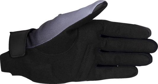 Alpinestars Stella Reef V2 motorcycle gloves in gray, black, and fluo pink with protective padding and adjustable wrist straps.