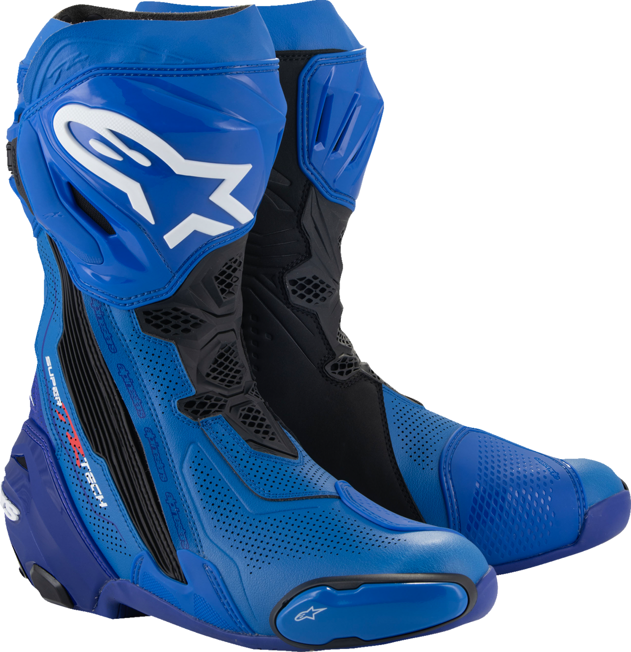 Alpinestars Supertech R Vented motorcycle boots in blue and black, US 9 / EU 43, showing the sporty design and ventilation features.