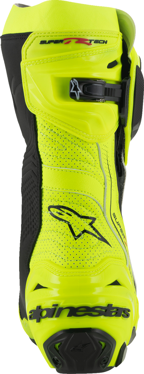Alpinestars Supertech R Vented motorcycle boots in fluorescent yellow and black, US 11.5, EU 46, with protective design and vents.