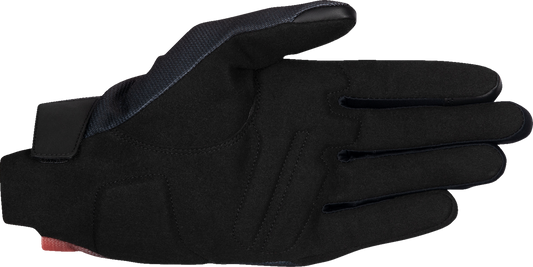 Alpinestars Reef V2 motorcycle gloves in medium size, black with fluorescent red and white accents, featuring protective knuckles.