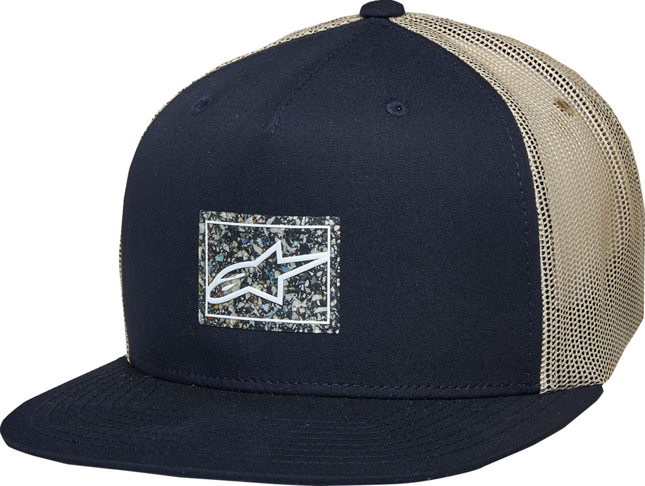 Alpinestars Mackinic Trucker Hat in navy and khaki with mesh back and curved brim, one size fits most.