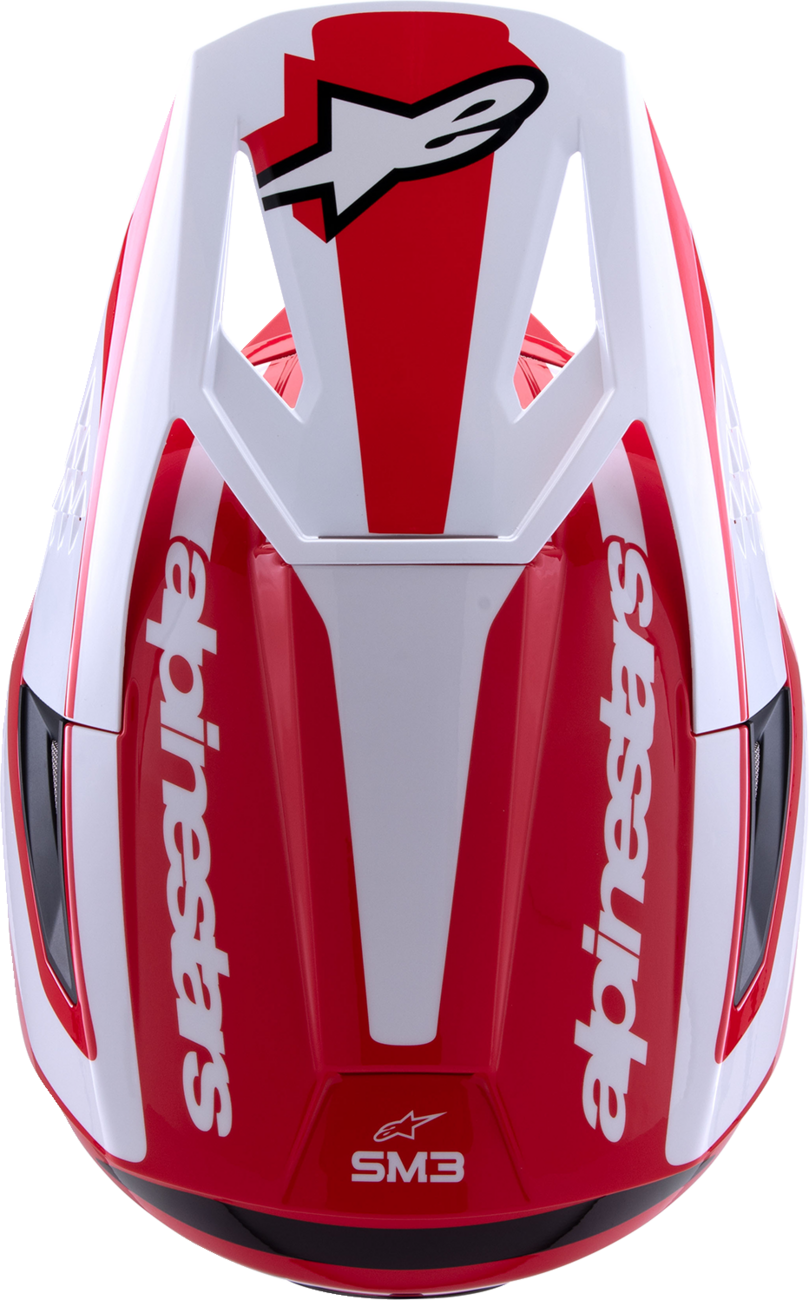 Alpinestars SM3 helmet in heat gloss red, white, and black with ventilation vents and aerodynamic design for motorcycle riding.