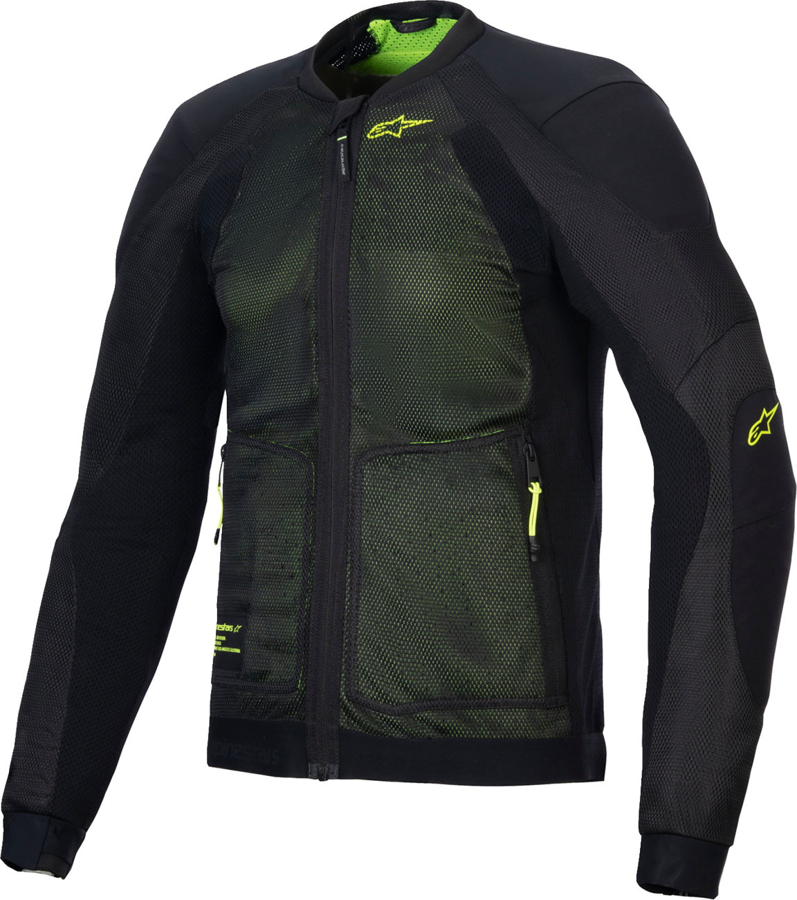 Alpinestars Troop-Air motorcycle jacket in black and fluo yellow, lightweight, breathable, with armor for riding comfort.