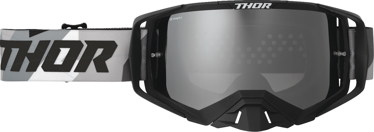 THOR Activate Goggle in Brave Black and Camo with mirror lens, motocross protective gear for enhanced visibility.