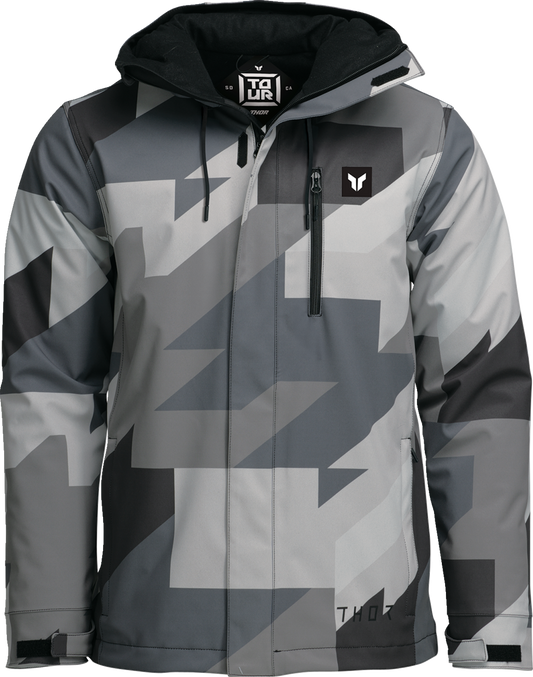 Thor Brave Tour jacket in gray and black camouflage, medium size, featuring a rugged design and durable fabric.