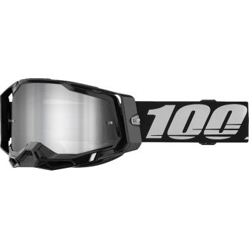 Black Racecraft 2 goggles with silver mirror lenses by Bill's Exhausts, featuring a sleek design and adjustable strap.