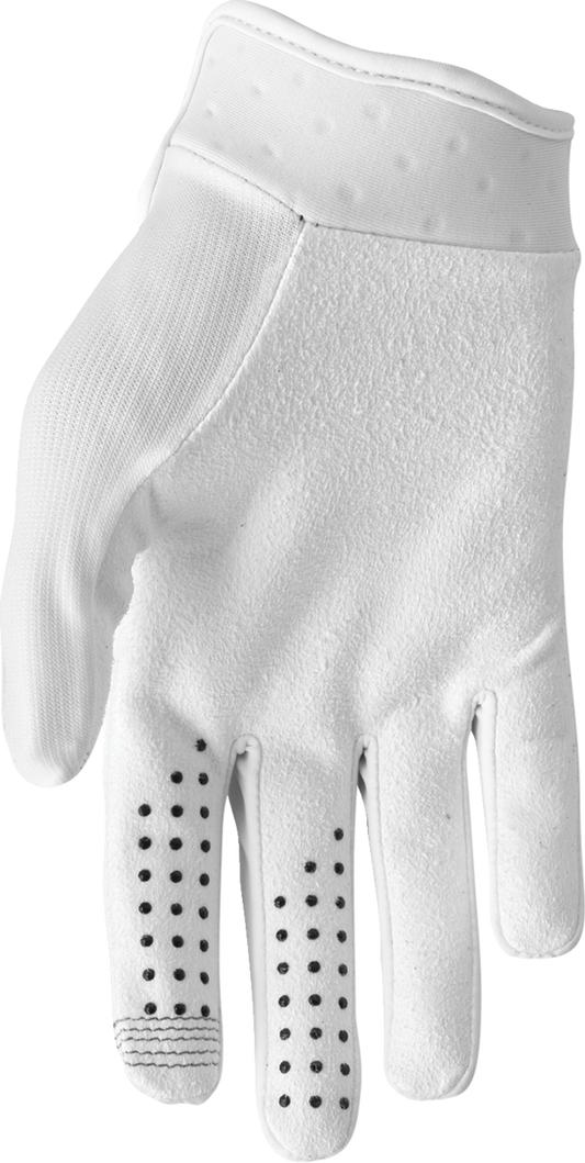 White THOR Launchmode XP gloves in size XS with adjustable wrist straps and reinforced palms for motocross riding.