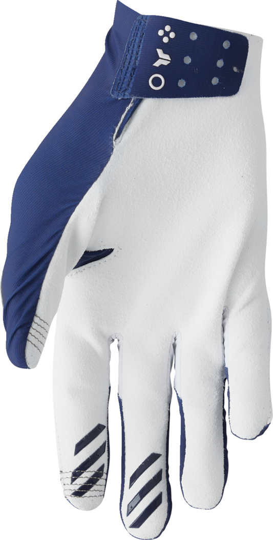 Navy and white THOR Sportmode Iconic gloves in small size, designed for motorcycle riding with padded palm and flexible material.