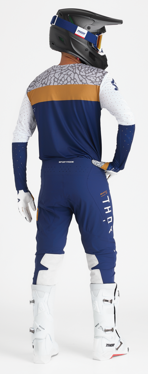 THOR Sportmode Bravo Gloves in navy and copper, large size, featuring padded palms and secure wrist closures.