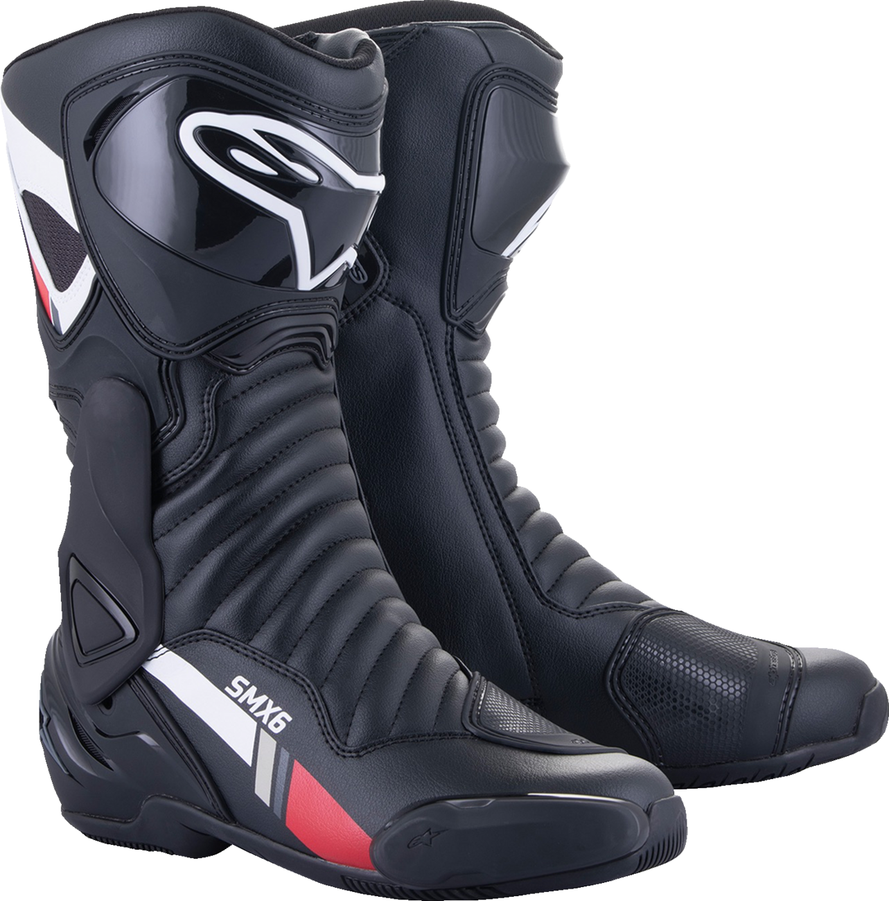 Alpinestars SMX-6 v2 motorcycle boots in black, white, and gray with US 9.5 size, showing the sporty design and protective features.