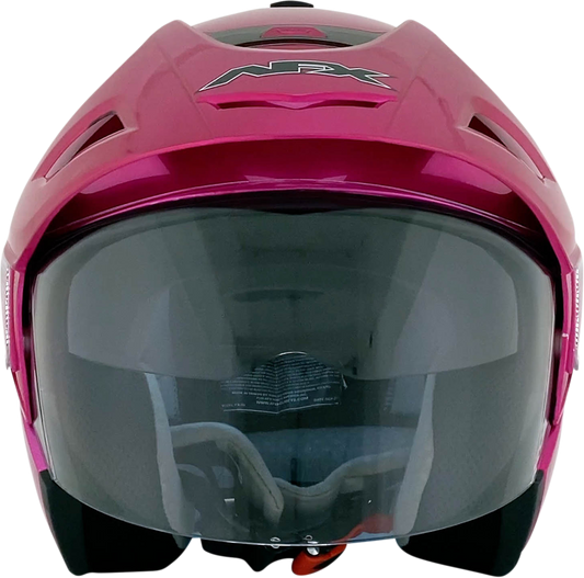 Fuchsia AFX FX-50 helmet by Bill's Exhausts, small size, front view showing sleek design and secure chin strap.