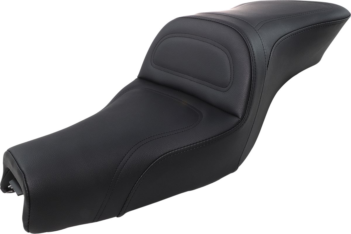 Black SADDLEMEN Explorer motorcycle seat without backrest, stitched design, compatible with XLC '04+ models, by Bill's Exhausts.