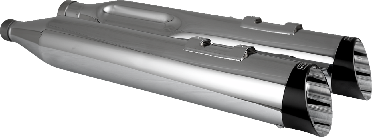 Chrome Vance & Hines Razorback 450 slip-on mufflers for M8 Bagger motorcycle, showcasing sleek design and polished finish.