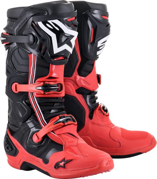 Alpinestars Tech 10 motocross boots in black and red fluorescent with protective design, US size 7, on a plain background.