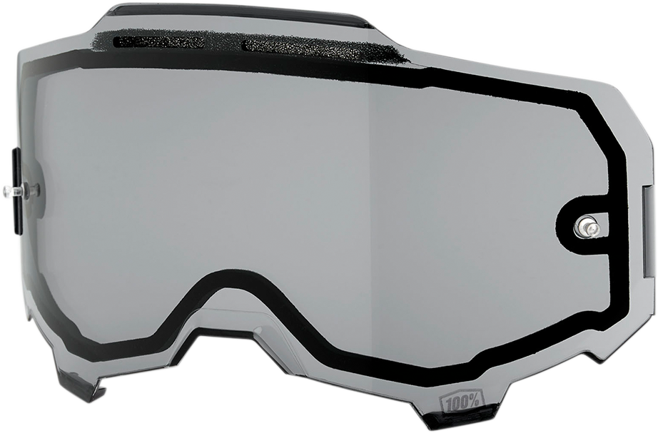 Bill's Exhausts 100% Armega dual vented smoke lenses for motorcycle helmets, featuring a sleek smoked finish and dual lens design.