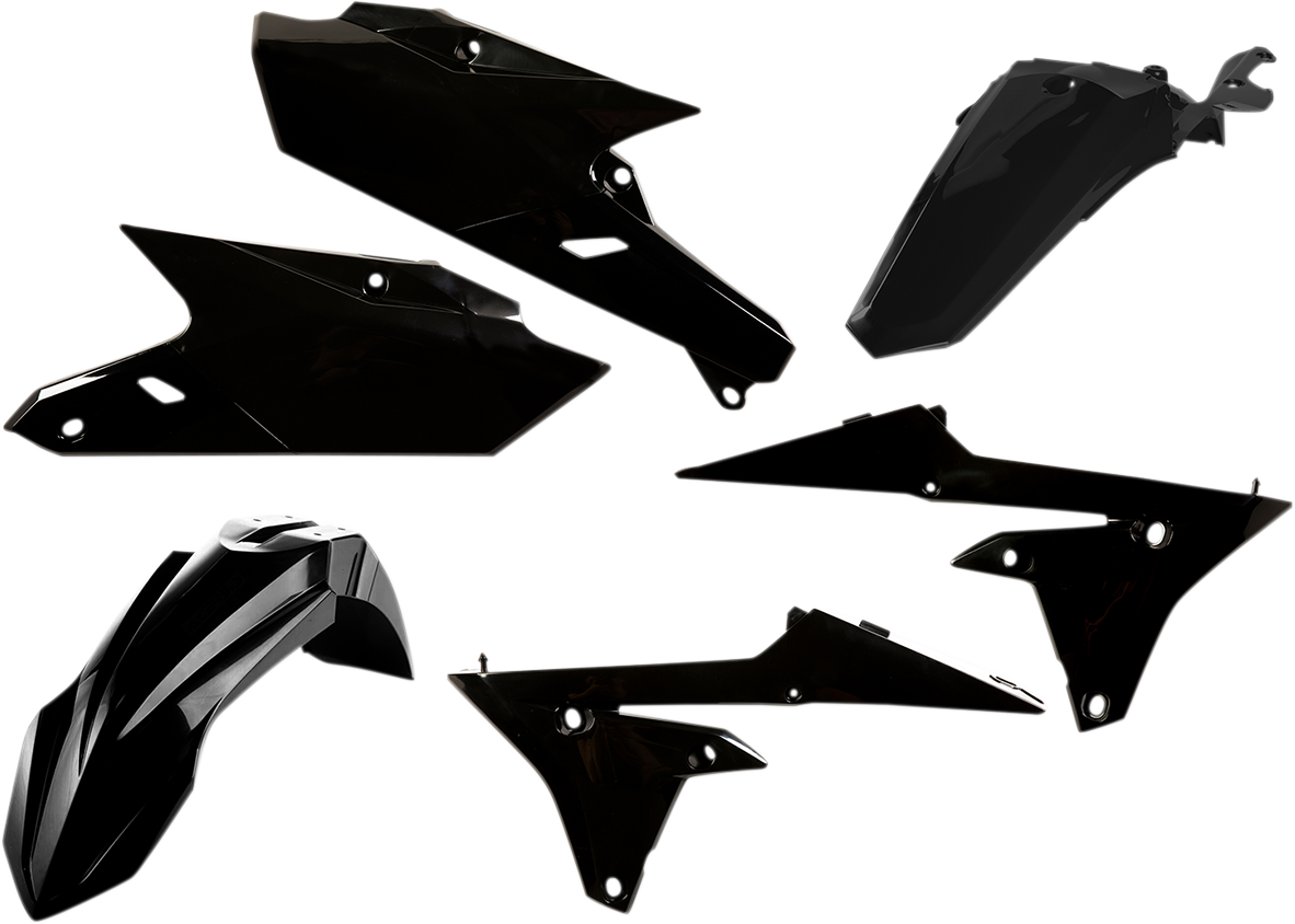 A black Acerbis standard replacement body kit for motorcycles, shown assembled with sleek, durable plastic panels.