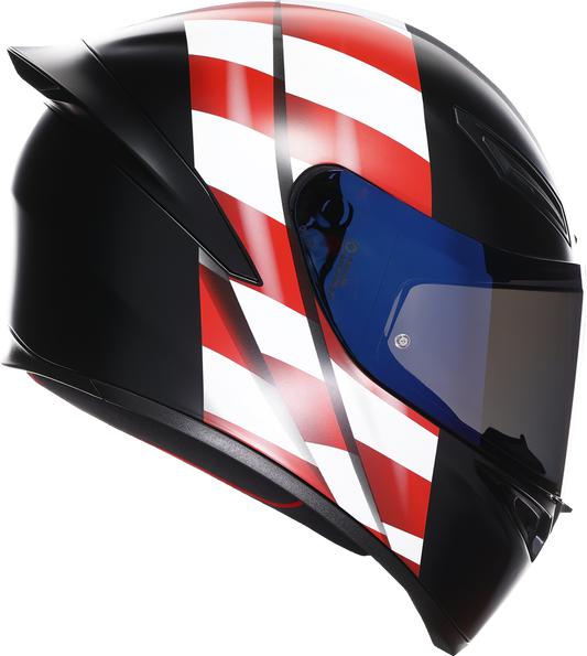 AGV K1 S motorcycle helmet with US flag design in red, white, and blue, medium size, showing the helmet's front view.