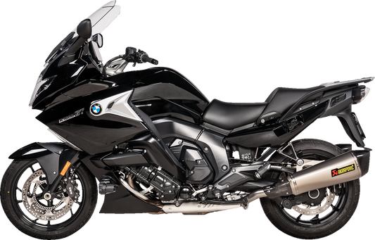 AKRAPOVIC slip-on titanium mufflers for BMW K1600 GT and GTL motorcycle, showcasing sleek exhaust design.