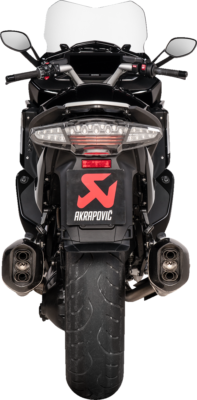 AKRAPOVIC titanium slip-on line mufflers for BMW K1600 GT and GTL motorcycles, showing sleek exhaust tips and branding.