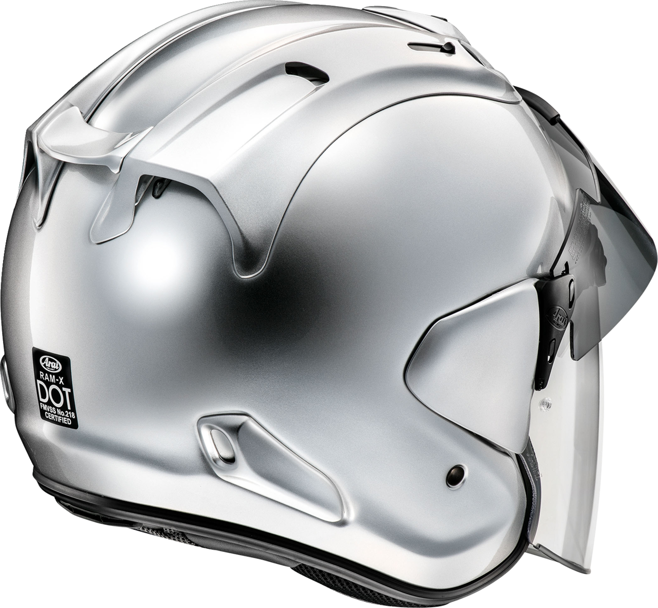 Arai Ram-X helmet in aluminum silver with a sleek design, medium size, featuring safety and comfort elements.